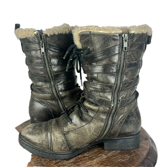 BORN Boots Women's Size 7.5 Zuniga Brown Distressed Leather Moto Winter Wool - Picture 4 of 14